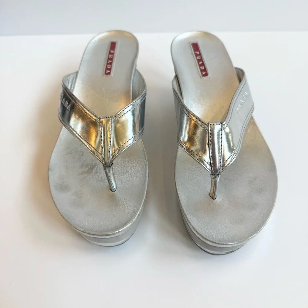 Prada Silver Wedge Sandals Size 36.5 (size 6) - Picture 3 of 10